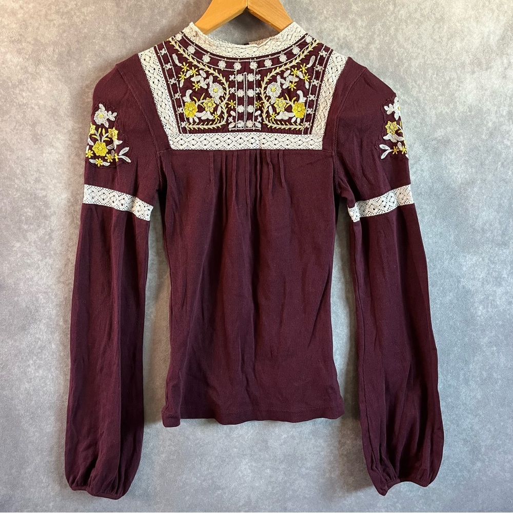 Free People Embroidered Beaded Plum High Neck Shirt Blouse Womens Sz XS / TP $88